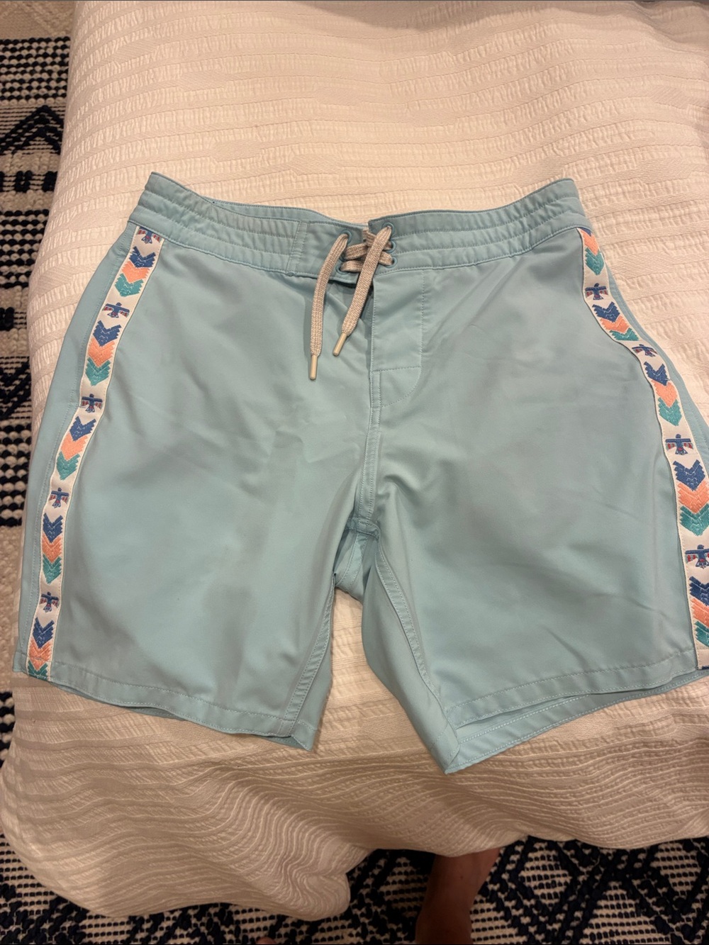 Faherty Light Blue Swim Board Shorts with Chevron Side Trim